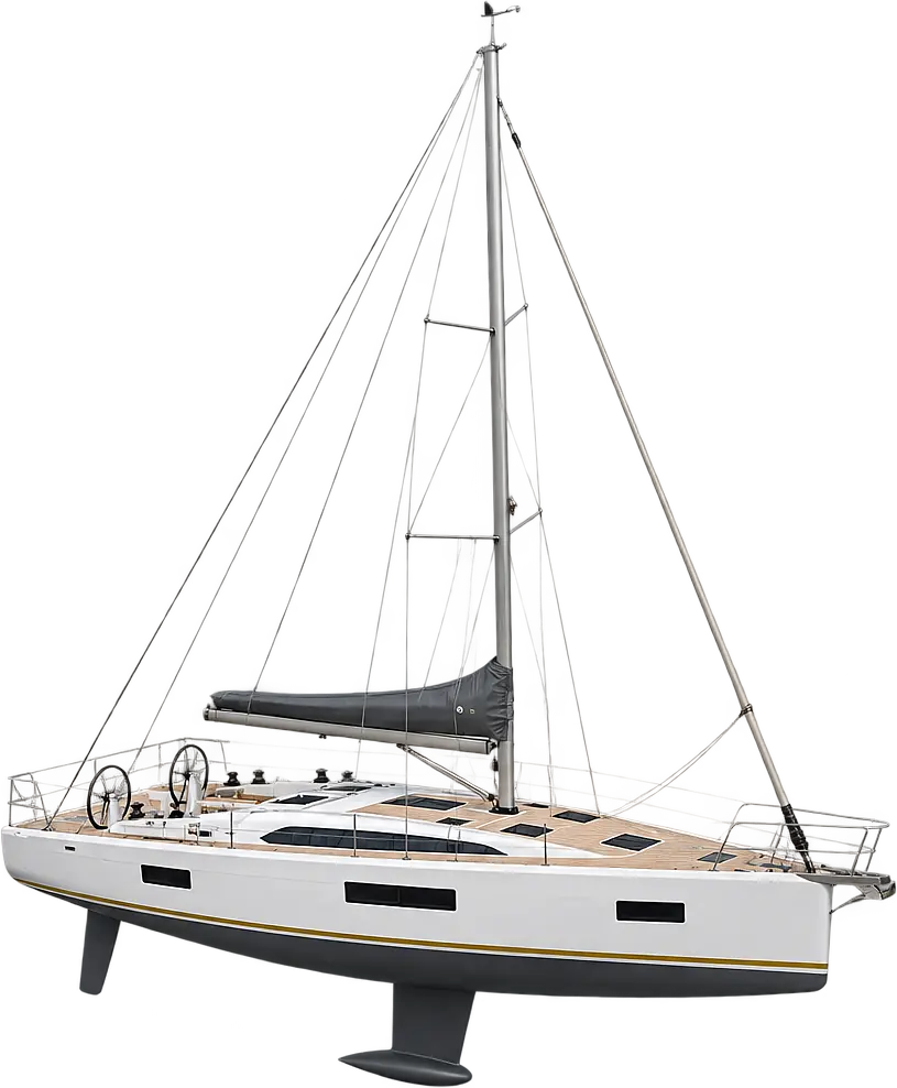 White sailing yacht with mast and a gold waterline stripe