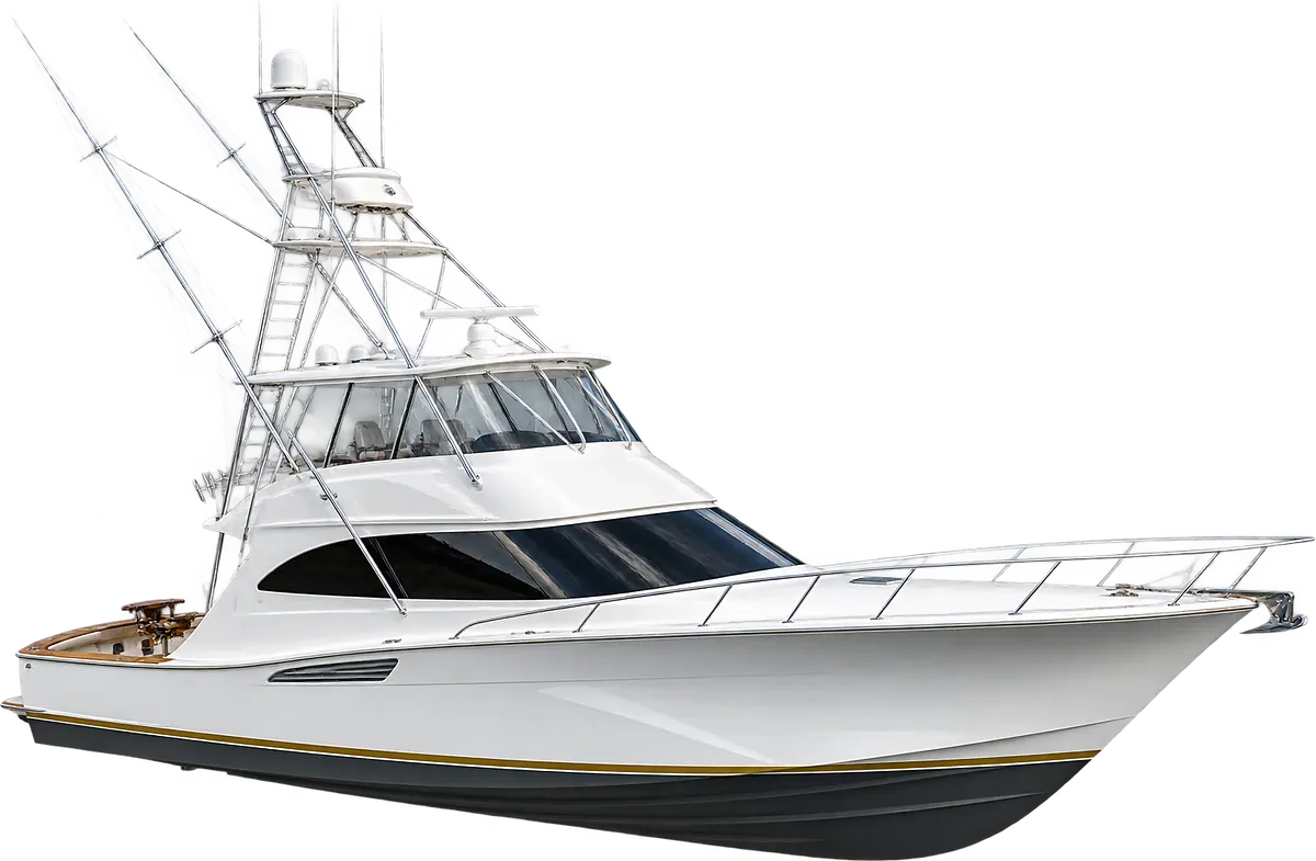 White sportfish boat with flybridge, fishing tower and a gold waterline stripe