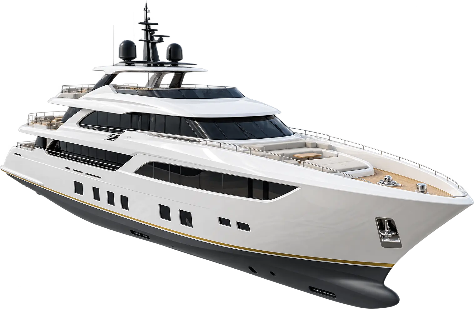 White superyacht with a gold stripe along the waterline