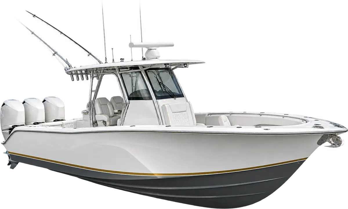 White center console boat with hard top, triple outboards and a gold waterline stripe